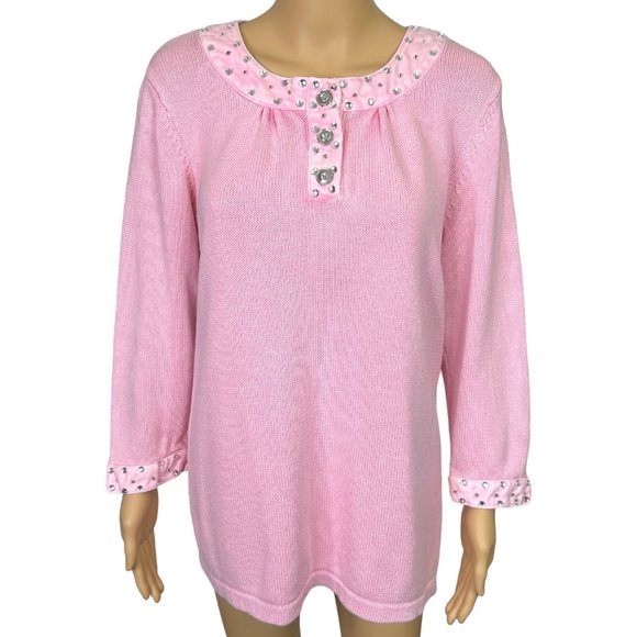 Vintage RARE Quacker Factory Womens M Pink Sweater Shirt Rhinestones & Beaded - Picture 1 of 15